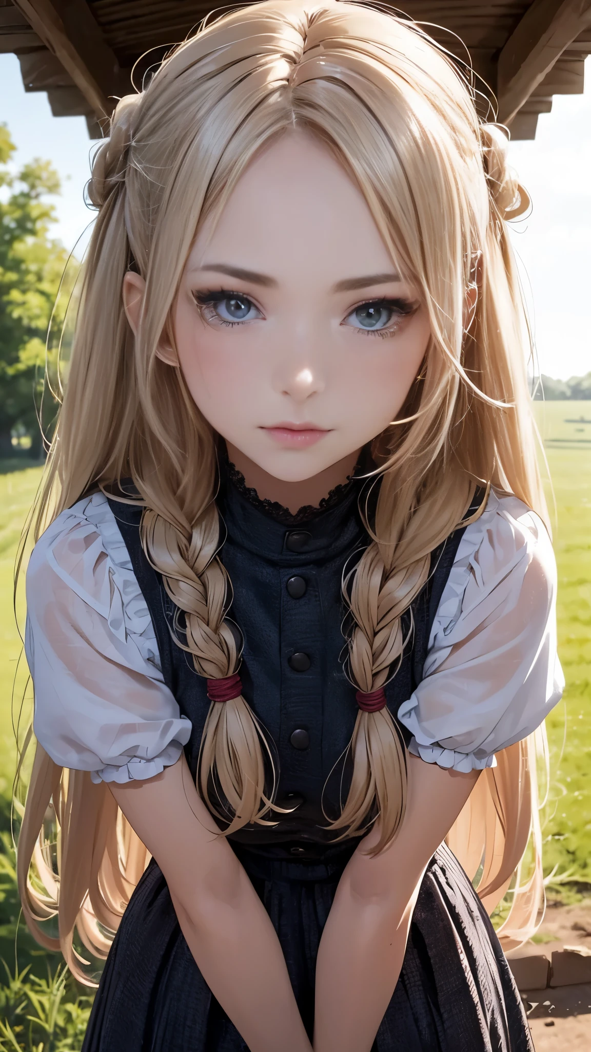 (nsfw), (max resolution: 1.2), (Ultra HDTV: 1.2), cinematric light, 8K resolution, Detailed eyes and skin, detailed facial features, (Sharp Focus: 1.2), (Focus on Face:1.2), Perfect Style, Beautiful face, acurate, Anatomically correct, Highly detailed face and skin texture, Detailed eyes, Braided hair, Thin eyebrows, Natural lips, Lost in thought, A 20-year-old girl, Tall and attractive, Wearing a cute country dress, Standing on a rural farm. She's gentle, A kind smile and expressive eyes, framed by