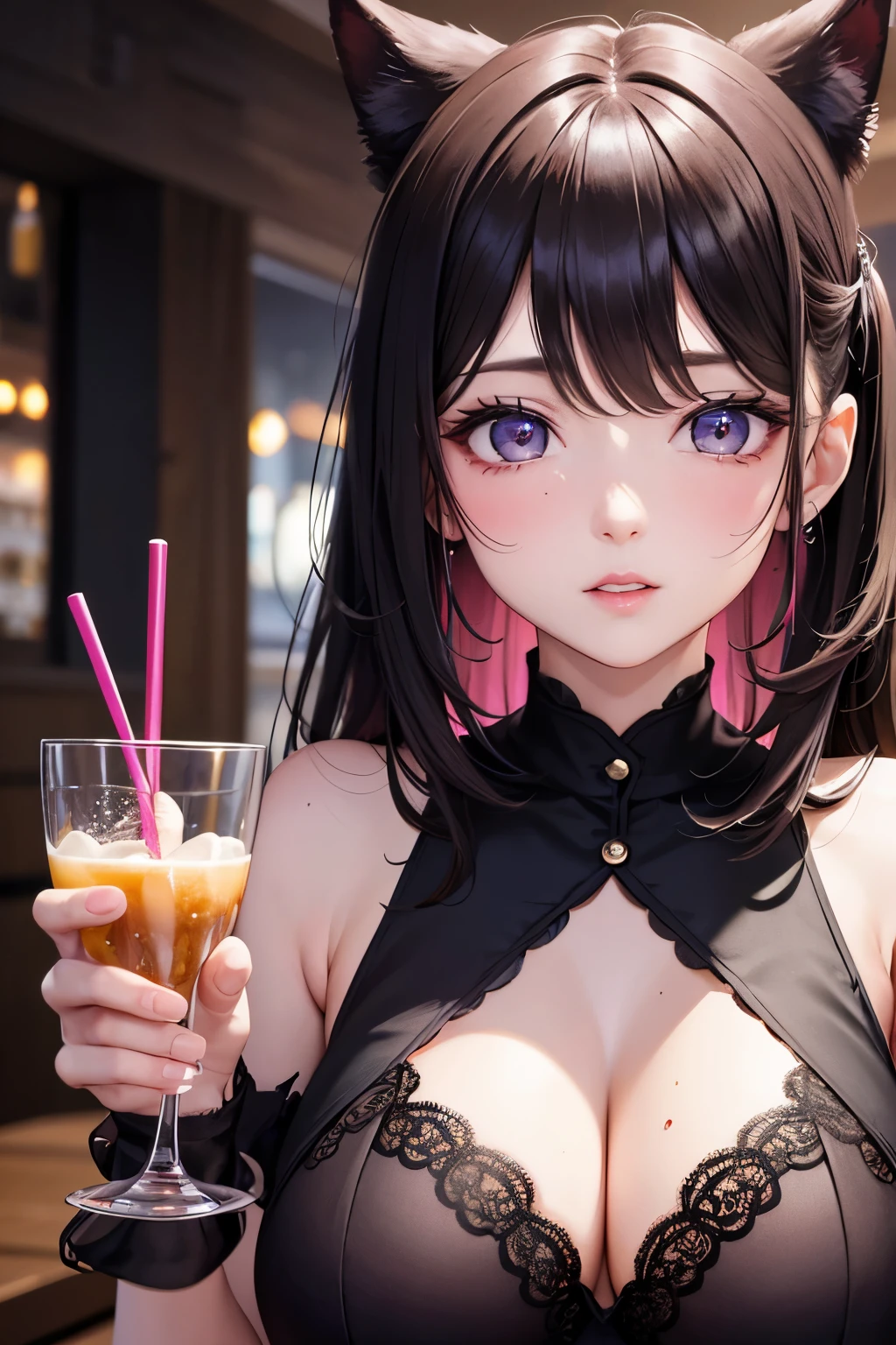 masterpiece, best quality, very detailed, high resolution, expensive resolution, high resolution, 4K, 8k, Unity 8k wallpaper, highly detailed CG, masterpiece, 2D, 3D, beautiful details, depth, fine texture, best quality: 1.3, perfectly focused, crispy skin, he,
Very cute anime girl, two girls who are employees of a night bar, sexy dress, big breasts, expensive pink medium long hair and brown short hair, two girls, night bar, mole under eye, looking at the viewer, expensive, blush, mole, lips parted,, heart, pink eyes, choker
