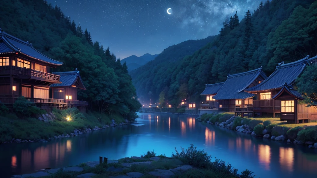 River, night, trees around, blue night, Japanese village houses in the distance, side perspective, blue lights