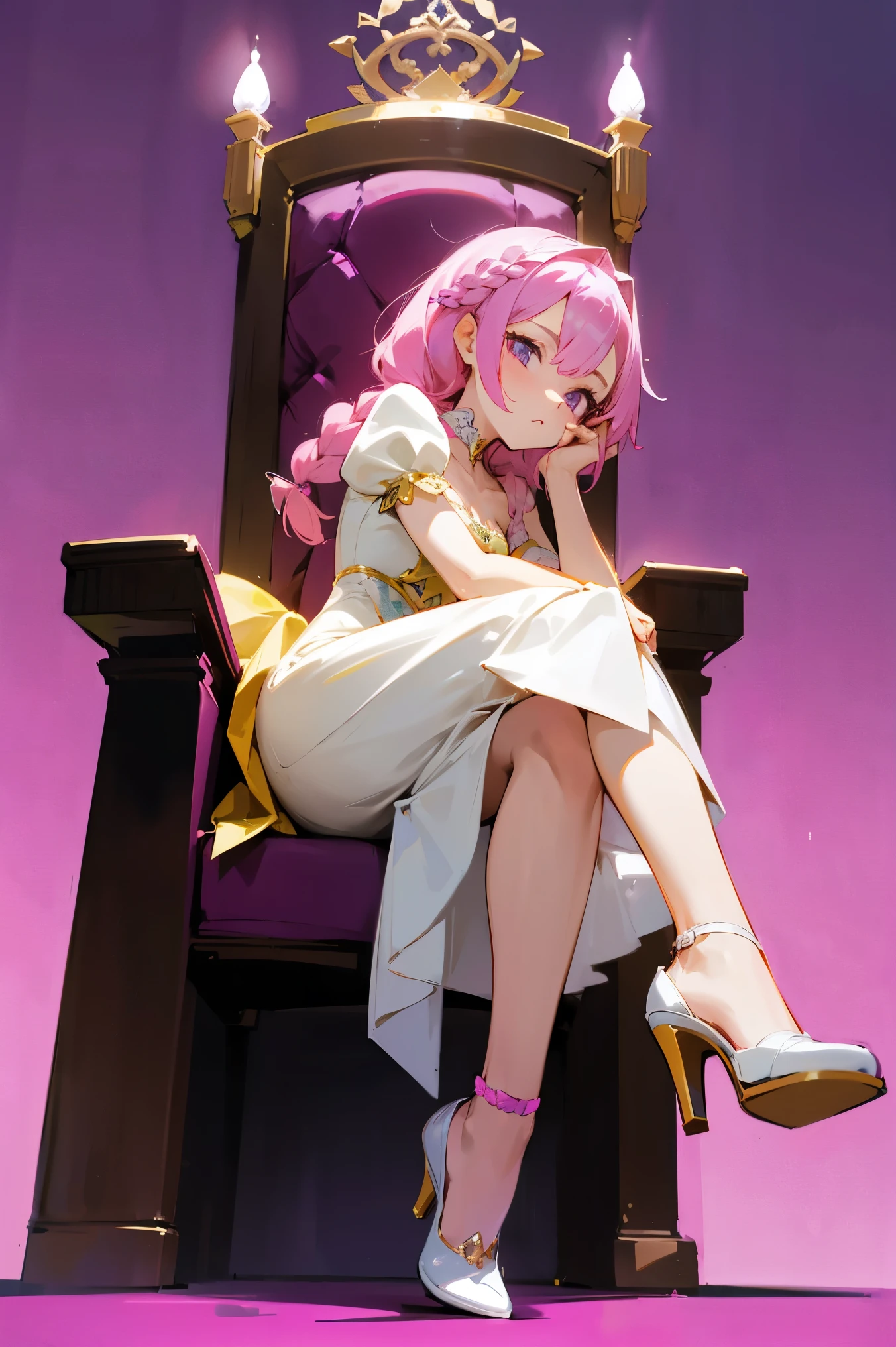 1female, Pink Hair, Yellow Cocktail Dress, Braided Hair, White Heels, Elegant Attire, Purple Eyes, Serious Expression, Athletic, Princess, Adult Female, Castle, Sitting on a Throne