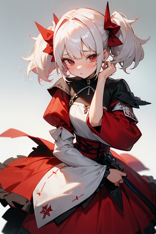 dreamlikeart,dreamlike art, (masterpiece:1.0), llustration, single,(1girl),(extremely detailed CG unity 8k wallpaper),( best quality:0.8),(mksks style:0.9), flat color, limited palette, low contrast,(ligne claire),best quality, 1girl, solo, bodysuit, tassel, gloves, bangs, braid, outdoors, bird, jewelry, earrings, sky, long hair, hair over one eye, covered navel, green eyes, looking at viewer, Noelle, small breasts, red ribbon, (((long maid dress))), red long skirt, apron, closed lips
