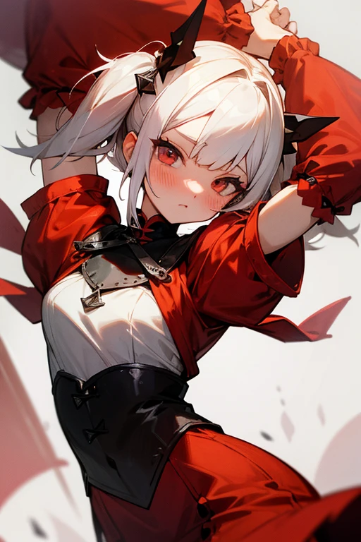 Short white hair, blush, Medieval Knight、Punk Fashion、Headbang 2.、Red clothes、Twin tails、sharp、