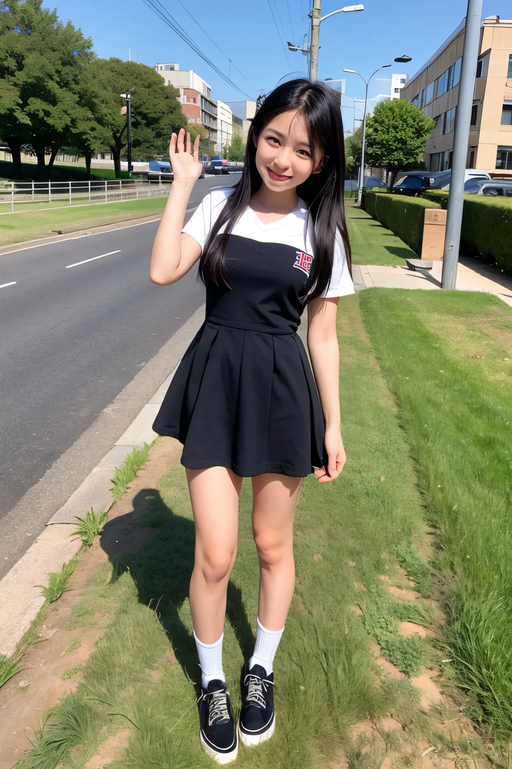 Standing on a deserted embankment、High school girls、Cute face like an idol、Long black hair、Summer clothemiling、Full body portrait