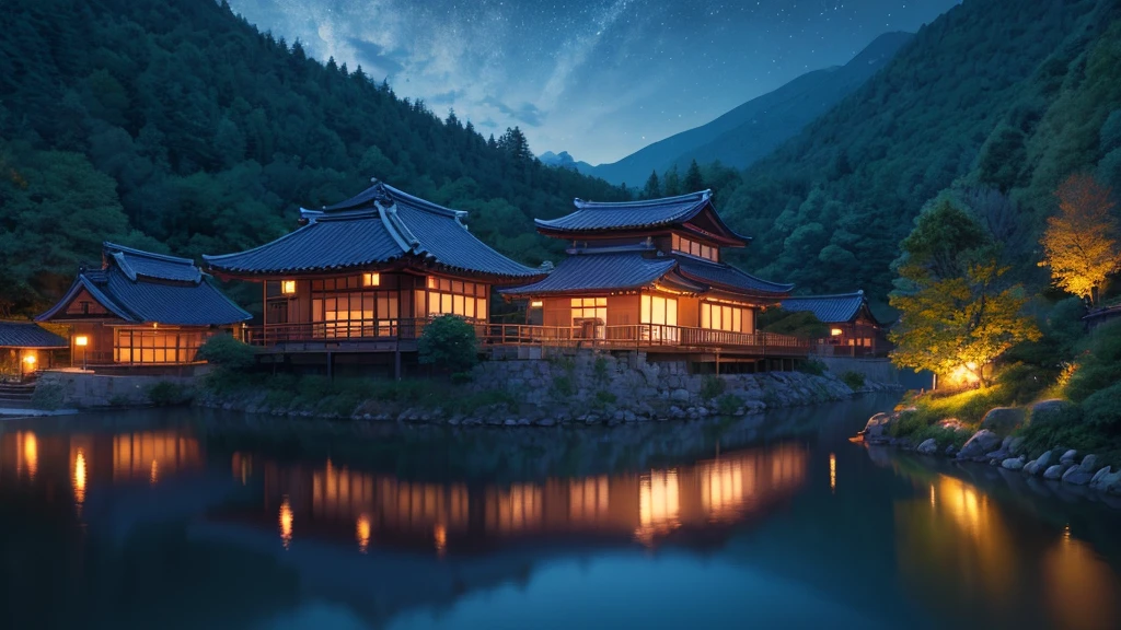 River, night, trees around, blue night, Japanese village houses in the distance, side perspective, blue lights