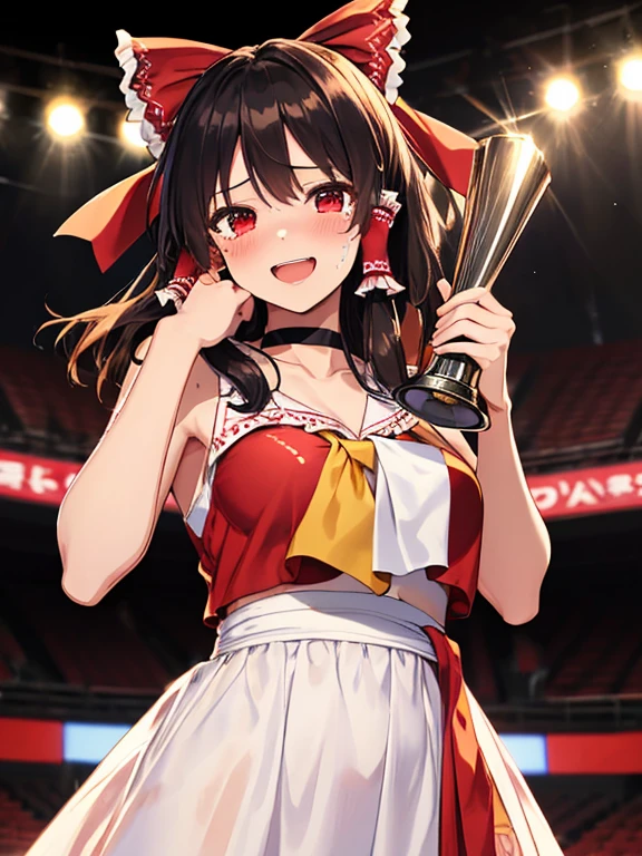 Tears of joy, (Evening Dresses), (Holding up the trophy:1.5), Background is the stage, Reimu Hakurei, 1girl, black choker, uhd, retina, masterpiece, ccurate, anatomically correct, textured skin, super detail, high details, high quality, best quality, highres, 4K