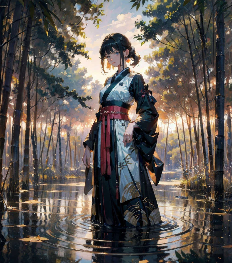 absurdres, RAW photo, extremely delicate and beautiful, masterpiece, Best Quality, ultra high resolution, 32k, hyperrealistic, ultra-detailed, Very detailed CG 8k wallpaper, detailed background, landscape, Beautiful Lighting, Perfect Lightning, Realistic Shadows, perfect anatomy, anatomically correct, perfect figure, Perfect Style, Perfect balance, super Detailed skin, in her 30s, very Slim body, narrow waist, very small head, very small face, delicate facial features, handsome detailed woman, very detailed eyes and face, realistic face proportions, Realistic beautiful face, Realistic beautiful eyes, tearful mole, earring, whole body shot, very huge round tits, medium hair, asymmetrical hair, outdoor, exposed bare shoulders, Hanfu, (lakes, bamboos:1.2),