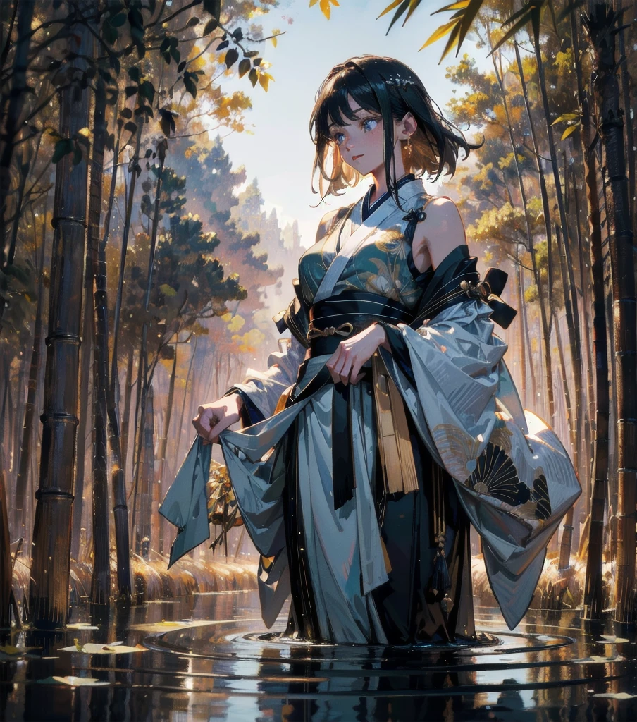 absurdres, RAW photo, extremely delicate and beautiful, masterpiece, Best Quality, ultra high resolution, 32k, hyperrealistic, ultra-detailed, Very detailed CG 8k wallpaper, detailed background, landscape, Beautiful Lighting, Perfect Lightning, Realistic Shadows, perfect anatomy, anatomically correct, perfect figure, Perfect Style, Perfect balance, super Detailed skin, in her 30s, very Slim body, narrow waist, very small head, very small face, delicate facial features, handsome detailed woman, very detailed eyes and face, realistic face proportions, Realistic beautiful face, Realistic beautiful eyes, tearful mole, earring, whole body shot, very huge round tits, medium hair, asymmetrical hair, outdoor, exposed bare shoulders, Hanfu, (lakes, bamboos:1.2),