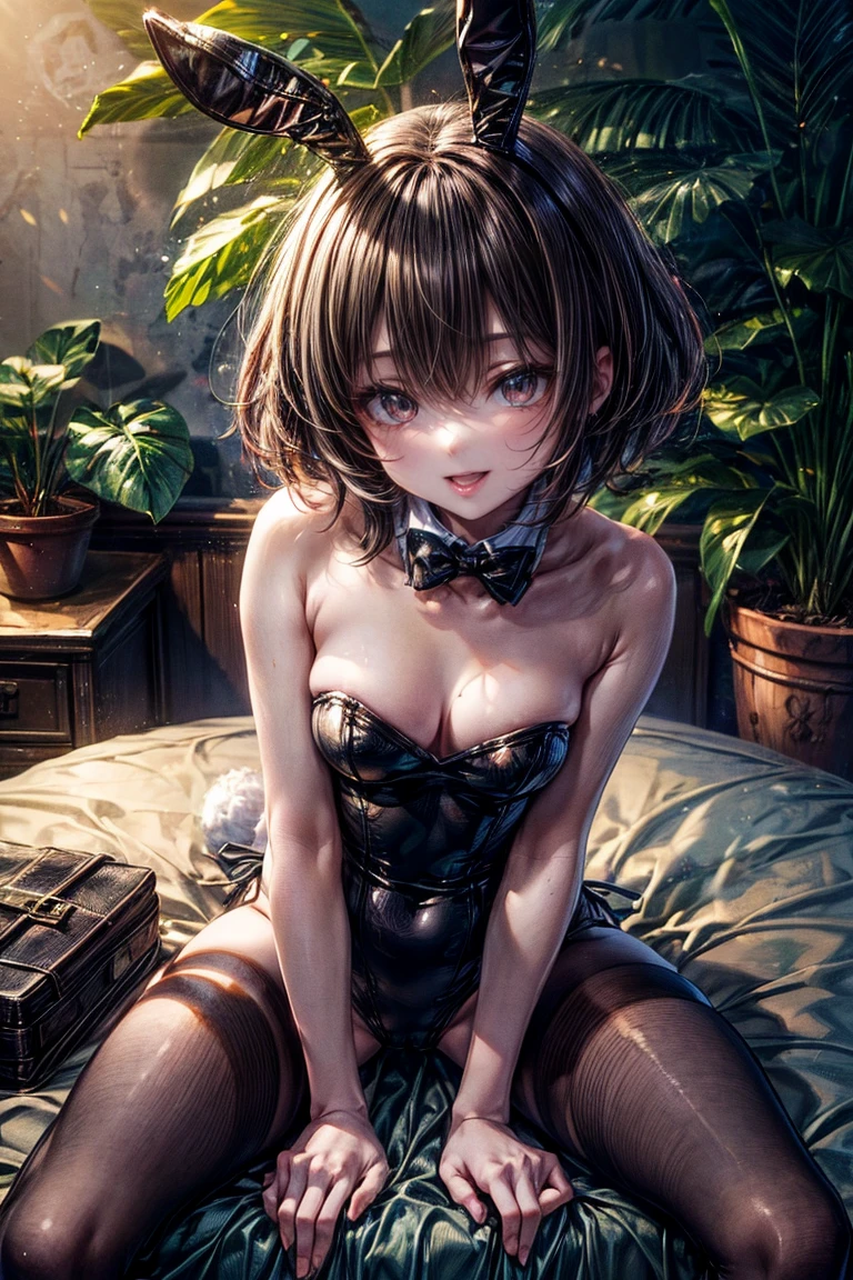 Highest quality、Highest quality、detailed、Adult women、(Bunny girl)、tights、Enamel Bunny Suit、Sit on the bed、((Spread your legs wide))、Spread the with your fingers、Urban bedroom、Foliage plant、Brown short hair、Beautiful dark eyes、Beautiful Face、Delicate eyes、Smile with tongue out、Wink、
