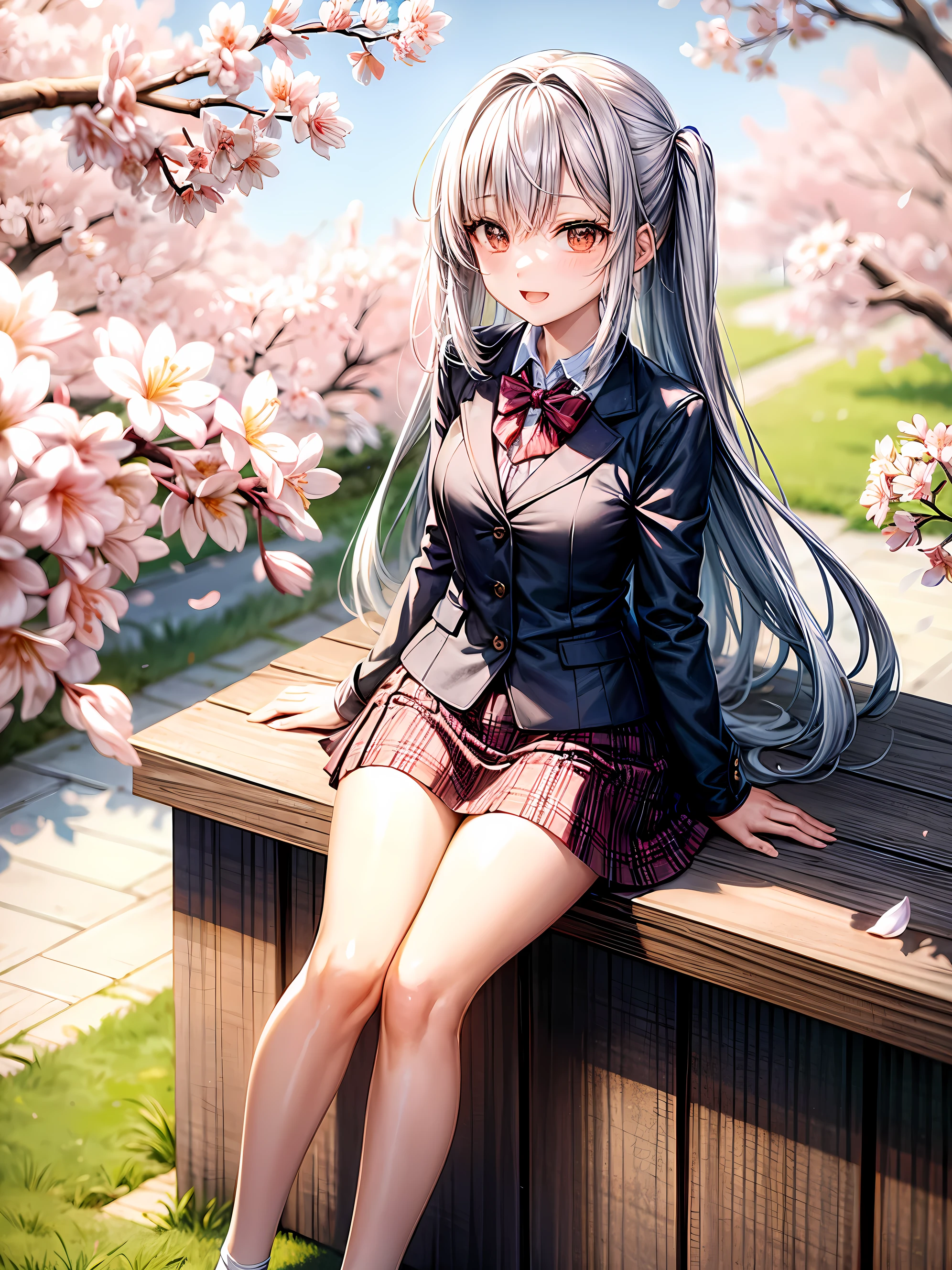 in full growth against the background of cherry blossoms, with a short skirt