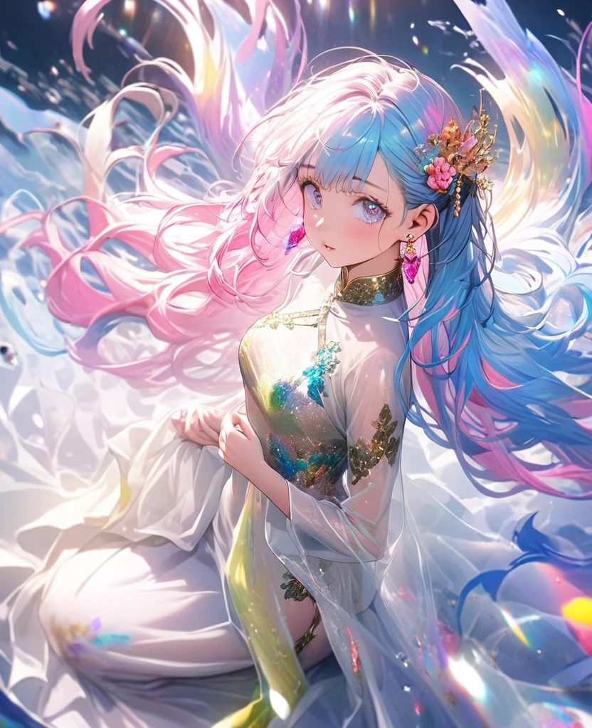 8K,gal，an extremely delicate and beautiful,Beautiful and realistic skin,Shiny jewel-like earrings,Shine like glitter long colorful hair,beautiful eyes,full body,Ao dai,Clothes are transparent