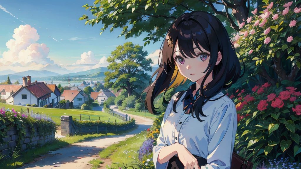 masterpiece,Highest quality,One Girl,The hair color is brown, Eye color: black, Kind eyes,Gradient Hair,countryside,Cityscape,sunlight,Flowers and plants,blue sky,scenery,afternoon,Light Perception,Soft sunlight,