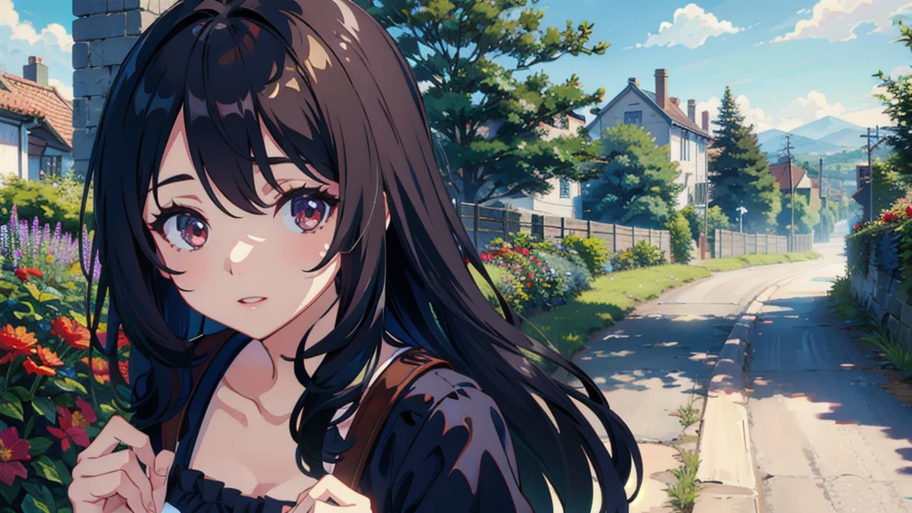 masterpiece,Highest quality,One Girl,The hair color is brown, Eye color: black, Kind eyes,Gradient Hair,countryside,Cityscape,sunlight,Flowers and plants,blue sky,scenery,afternoon,Light Perception,Soft sunlight,