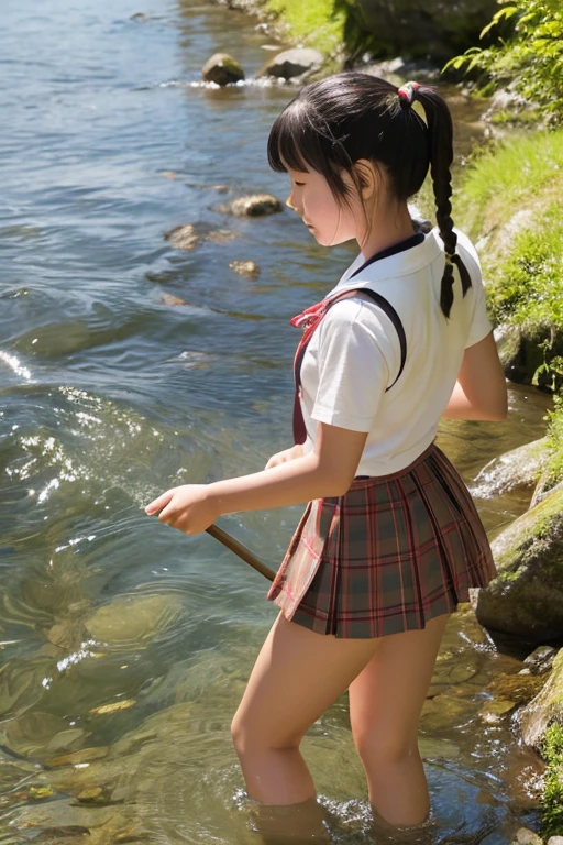 Japanese high school girl 16 years old。
A simple girl living in the countryside。
Playing barefoot in the clear mountain stream。
Walking through the river while maintaining balance。
Pigtails。
Golden Skin。