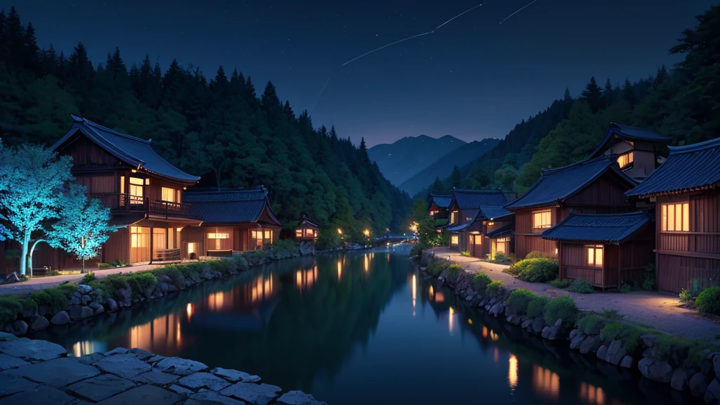 River, night, trees around, blue night, Japanese village houses in the distance with blue and dim lights, side perspective, blue lights