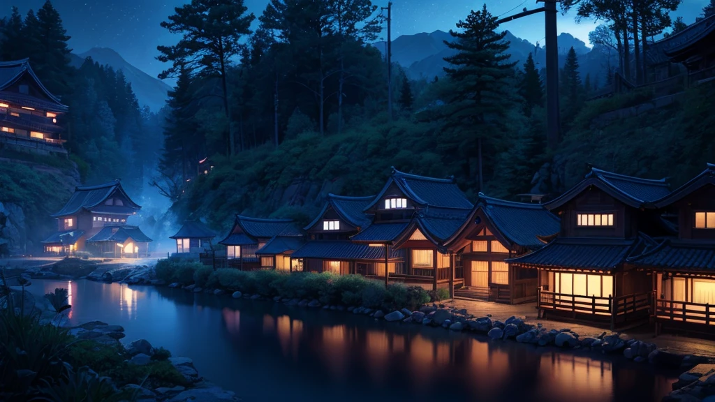 River, night, trees around, blue night, Japanese village houses in the distance with blue and dim lights, side perspective, blue lights