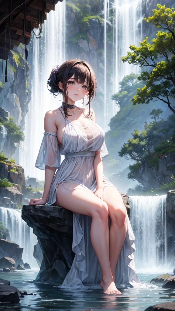 A couple is bathing and romancing under the waterfall. The couple is wearing short clothes and the girl has big hips. It is evening.
