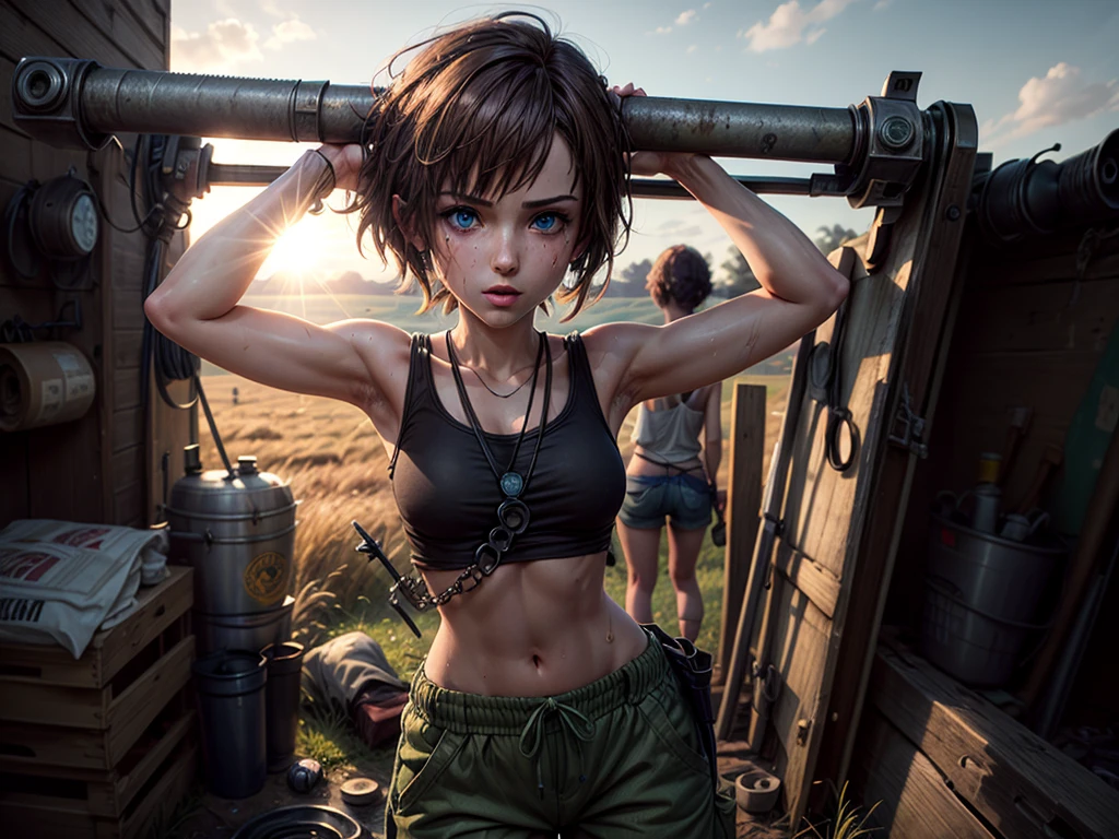 masterpiece, highest quality, (solo focus), (perfect face:1.1), (high detail:1.1), 1girl, repairing machine, brown hair, ((longer hair)), blue eyes, white tank top, ((baggy green pants)), jacket around waist, ((wrench)), holding wrench, crouching, crouching on tank, army tank, ((grease stains)), sweaty, glistening skin, detailed background, field of tall grass, sun, lens flare, cinematic lighting
