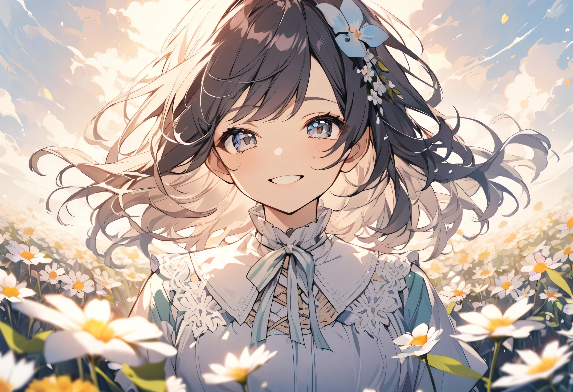 high resolution、Flower Field、One girl,Upper Body,smile,I'm laughing so hard my eyes are closing,A big smile,Black Hair,long,Shiny Hair, hand to own mouth、holding flowers in hand