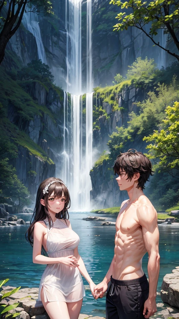 A couple is bathing and romancing under the waterfall. The couple is wearing short clothes and the girl has big hips. It is evening.