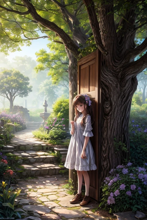 A beautiful girl.At the center of the garden stood an old, majestic oak tree. As Lily approached the tree, she noticed a small, wooden door at its base. Without hesitation, she opened the door and stepped inside.