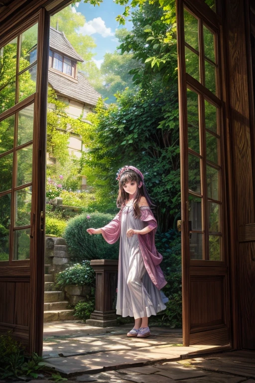 A beautiful girl.At the center of the garden stood an old, majestic oak tree. As Lily approached the tree, she noticed a small, wooden door at its base. Without hesitation, she opened the door and stepped inside.