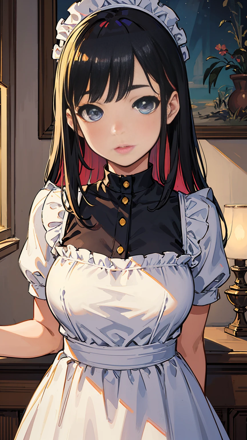 masterpiece, Highest quality, masterpiece, God-like quality, Godly art, Highly detailed face, whole body, Very realistic, cute, Young girl, Big eyes, Long eyelashes, Multicolored Hair, Variegated eyes, Glowing Skin, Fuller lips, Big Lips, Glowing Skin, blush, performer, Dazzling Light, Versatile light, Maid clothes