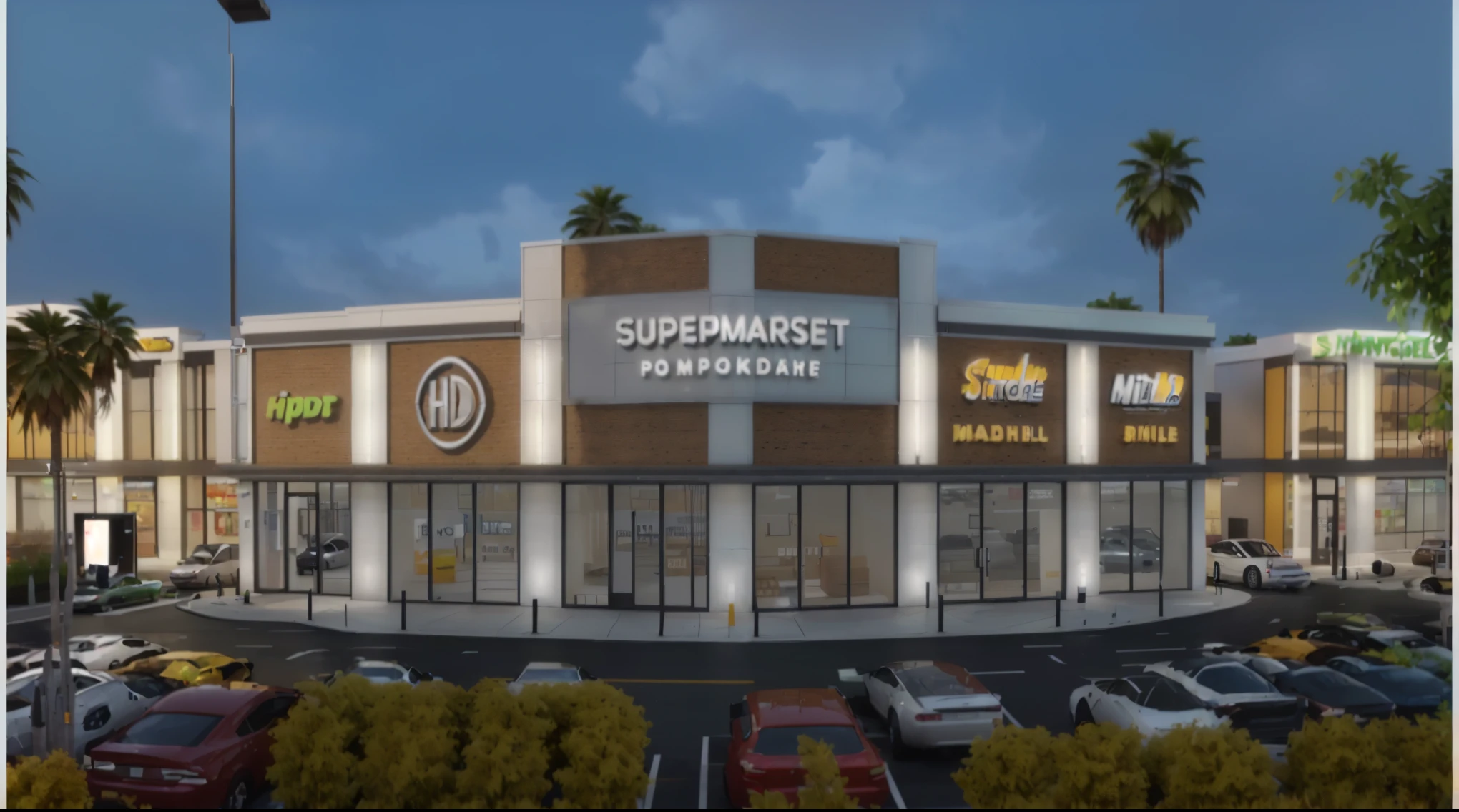 a rendering of a supermarket with a lot of cars parked in front of it, bw 3 d render, high detailed store, by derek zabrocki, shopping mall, architectural rendering, digital render, by Daniel Schultz, by Robert Koehler, by Sarper Baran, 3 d hyper realistic render, highly rendered!!, artistic render, by Sam Black