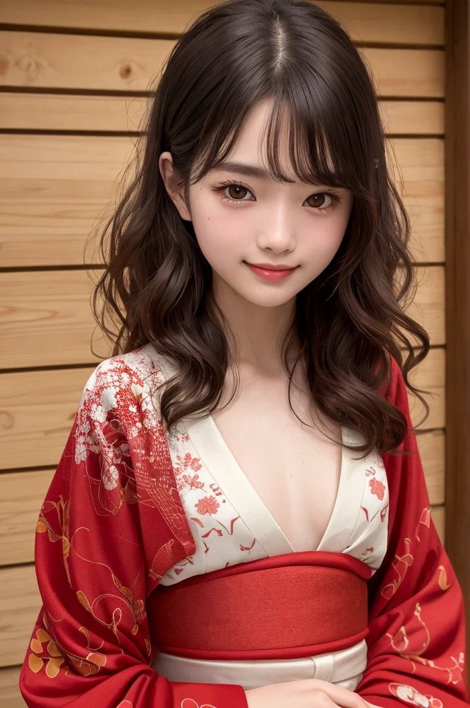 Wearing a Madder Red color kimono, Cowboy Shot, Very detailed, 21 years old, Innocent face, Naturally Wavy Hair, High resolution, masterpiece, 最high quality, Intricate details, Very detailed, Clear focus, Delicate skin, practical skin texture, texture, Delicate eyes, Professional, 4K, Cute Smile, Shot with Canon, 85mm, Shallow and deep, Kodak Vision Color, that&#39;s right, Very detailedな, photograph_\(Extremist\), photographpractical, practical, Post-processing, Maximum details, Roughness, Real Life, Extremist practical, Photorealism, photographgraphy, 8kウルトラHD, photographgraphy, (最high quality、Tabletop、8k、Best image quality、Award-winning works)、No sleeve, (Red eyeshadow:1.2)、Perfect Makeup、Long eyelashes、超高精細のShine目、Ultra HD Hair、ultra High resolution glossy lips、Super High resolution perfect teeth、Super High resolution cute face、Black Hair、(Very short straight hair:1.1)、Look at me and smile、[clavicle]、Accurate anatomy、With bangs、超High resolutionのShine肌、The most detailed face、Ultra High resolution detailed faces、ultra High resolution hair、Fashion Model, Age 25, [[[[chest]]]], [[[[head]]], [shoulder]]]]], Perfect Eyes, Perfect Iris, Perfect Lips, Perfect Teeth, Perfect Skin, Soft Front Light, Shine, High resolution, (Soft colors: 1.2), 最high quality, a photographrealistic portrait of a stunningly beautiful woman without make-up, Very detailedな light hazel eyes, Symmetric, Realistically detailed face, Very detailedな natural texture, Peach fuzz, Messy Hair, masterpiece, Absurd, award winning photograph by lee jeffries, nikon d850 film stock photographgraph, Kodak Portra 400 Camera F1.6 Lenses, Very detailedな, wonderful, Finer details, Rich colors, hyper realistic lifelike texture, Dramatic lighting, Unreal Engine, Talked about at the art station, Cinestill 800 Tungsten, Looking at the audience, photograph realistic, RAW photograph, Tanveer Tamim, high quality, High resolution, Sharp focus, Very detailedな, Cinema Lighting, 8k uhd, Kneel, 
