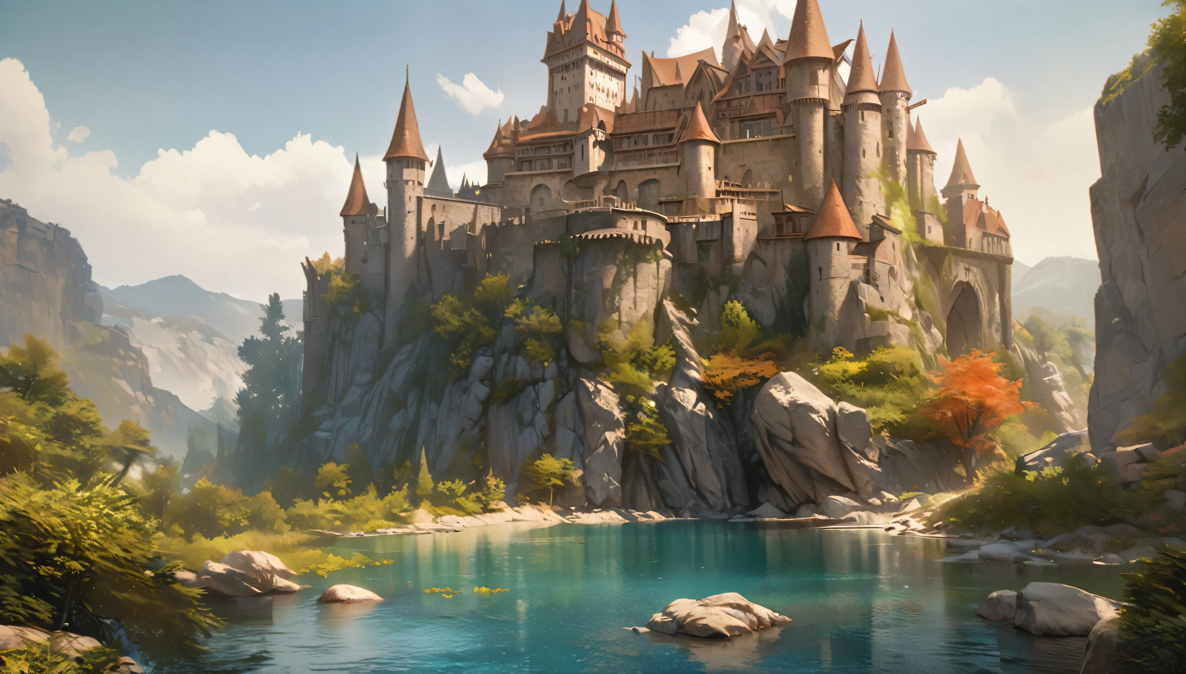 Western-style castle,nature,Summer sky,Blur the background,Highest quality, 8K, High resolution, masterpiece:1.2, Very detailed, Realistic:1.37, High resolution, 超High resolution, Ultra-fine painting, Very detailed, Professional, Vibrant colors