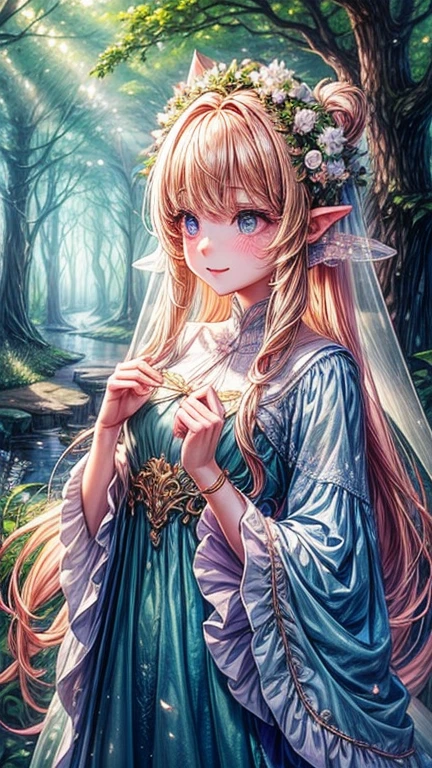 A beautiful girl.To her amazement, Lily found herself in a world of enchantment. Fairies fluttered around, casting shimmering spells, while friendly woodland creatures greeted her warmly. In this magical place, the colors were more vivid, and the air was filled with a sweet, melodious tune.