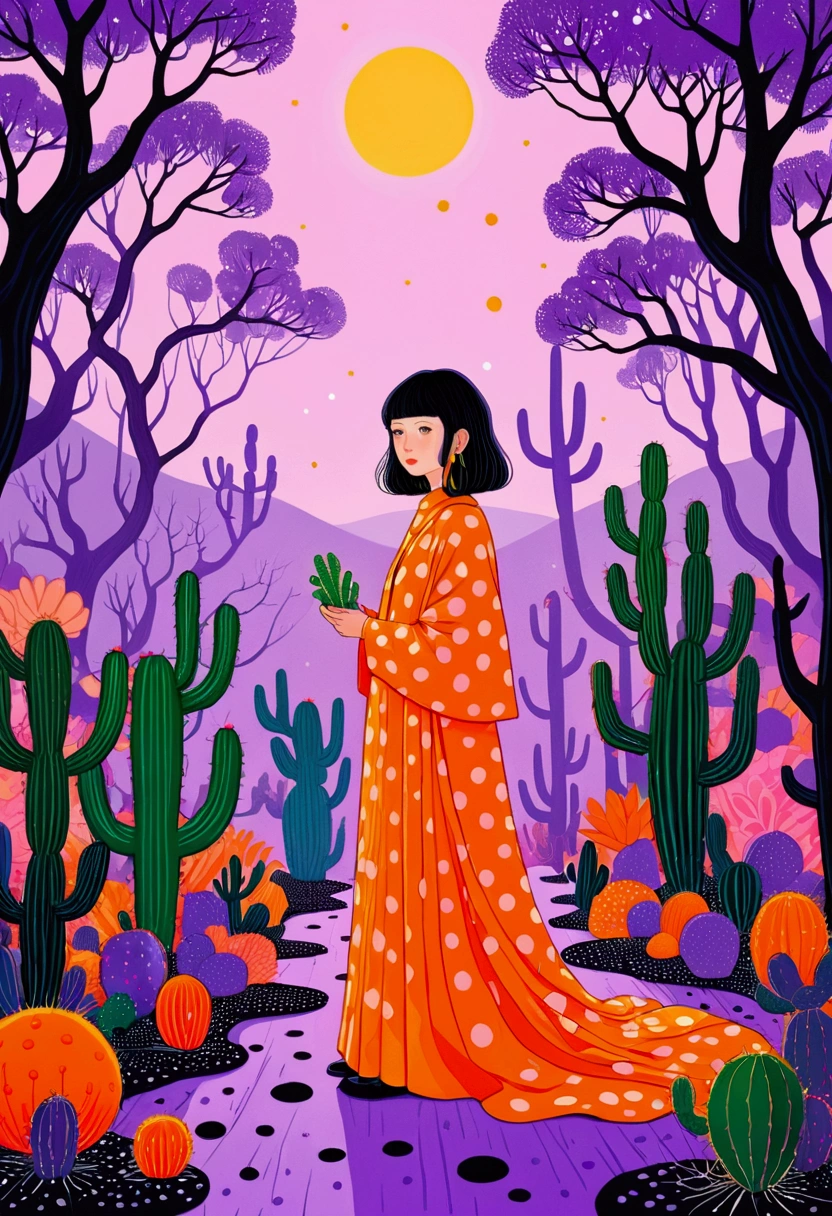 A painting。pastel artwork。Purple，orange color，Flat illustration，Dot、line、Neon，cactus，Tree、firefly，Dreamy colors，Illustration style（Artists can refer to Yayoi Kusama）