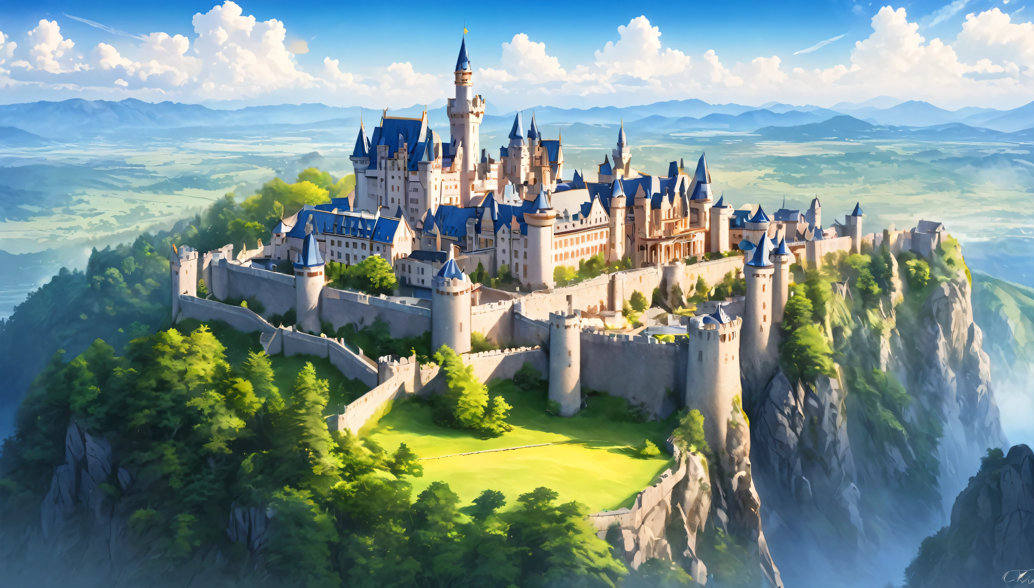 Western-style castle,nature,Summer sky,Blur the background,Highest quality, 8K, High resolution, masterpiece:1.2, Very detailed, Realistic:1.37, High resolution, 超High resolution, Ultra-fine painting, Very detailed, Professional, Vibrant colors