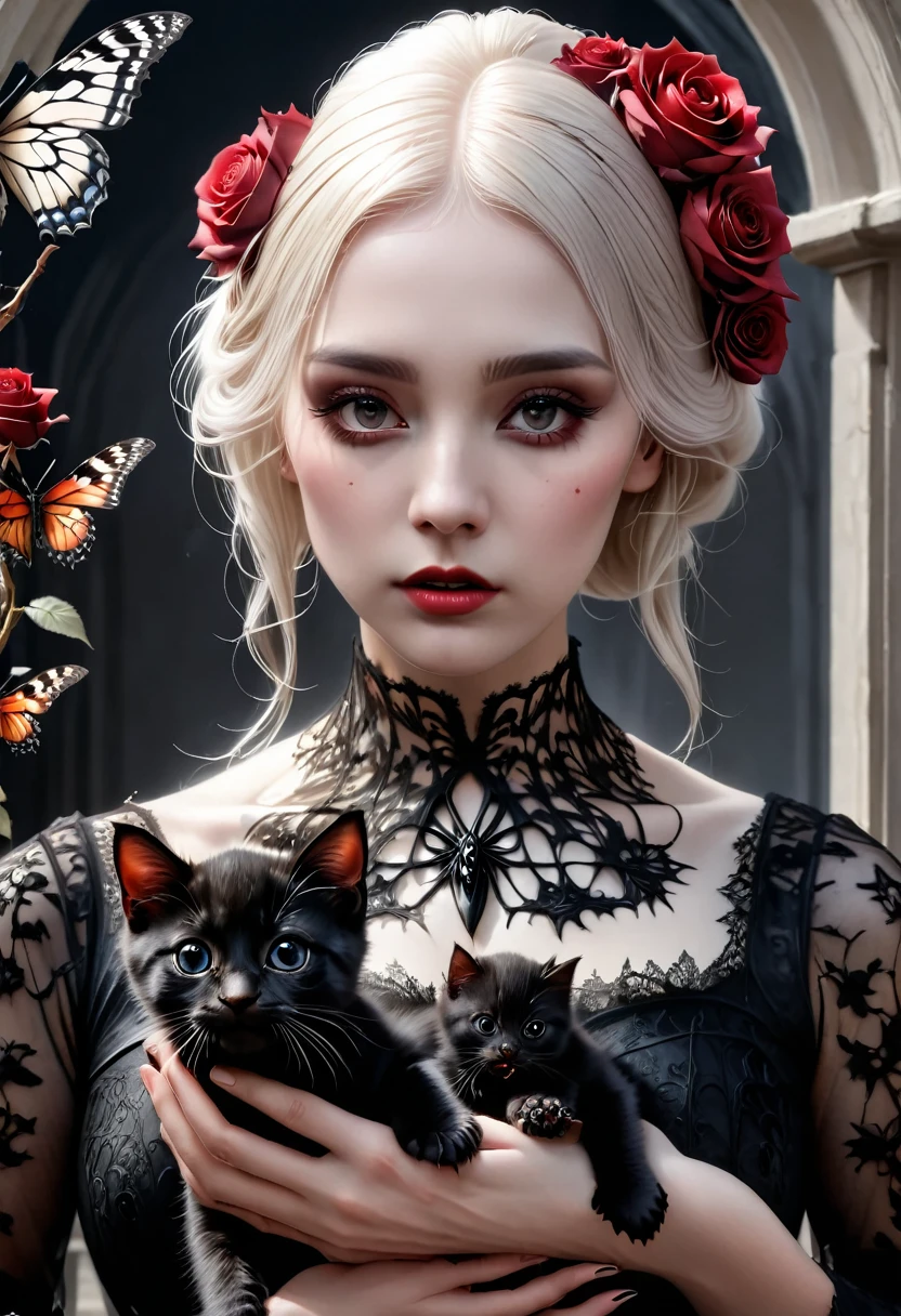 (best quality,4k,8k,highres,masterpiece:1.2),ultra-detailed,(realistic,photorealistic,photo-realistic:1.37),gothic art,,lace dress,thorny rose,creepy,terrifying,burning butterfly,holding a black kitten big