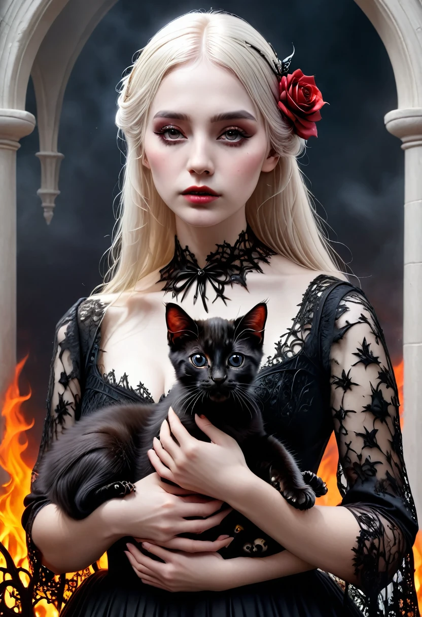 (best quality,4k,8k,highres,masterpiece:1.2),ultra-detailed,(realistic,photorealistic,photo-realistic:1.37),gothic art,,lace dress,thorny rose,creepy,terrifying,burning butterfly,holding a black kitten big