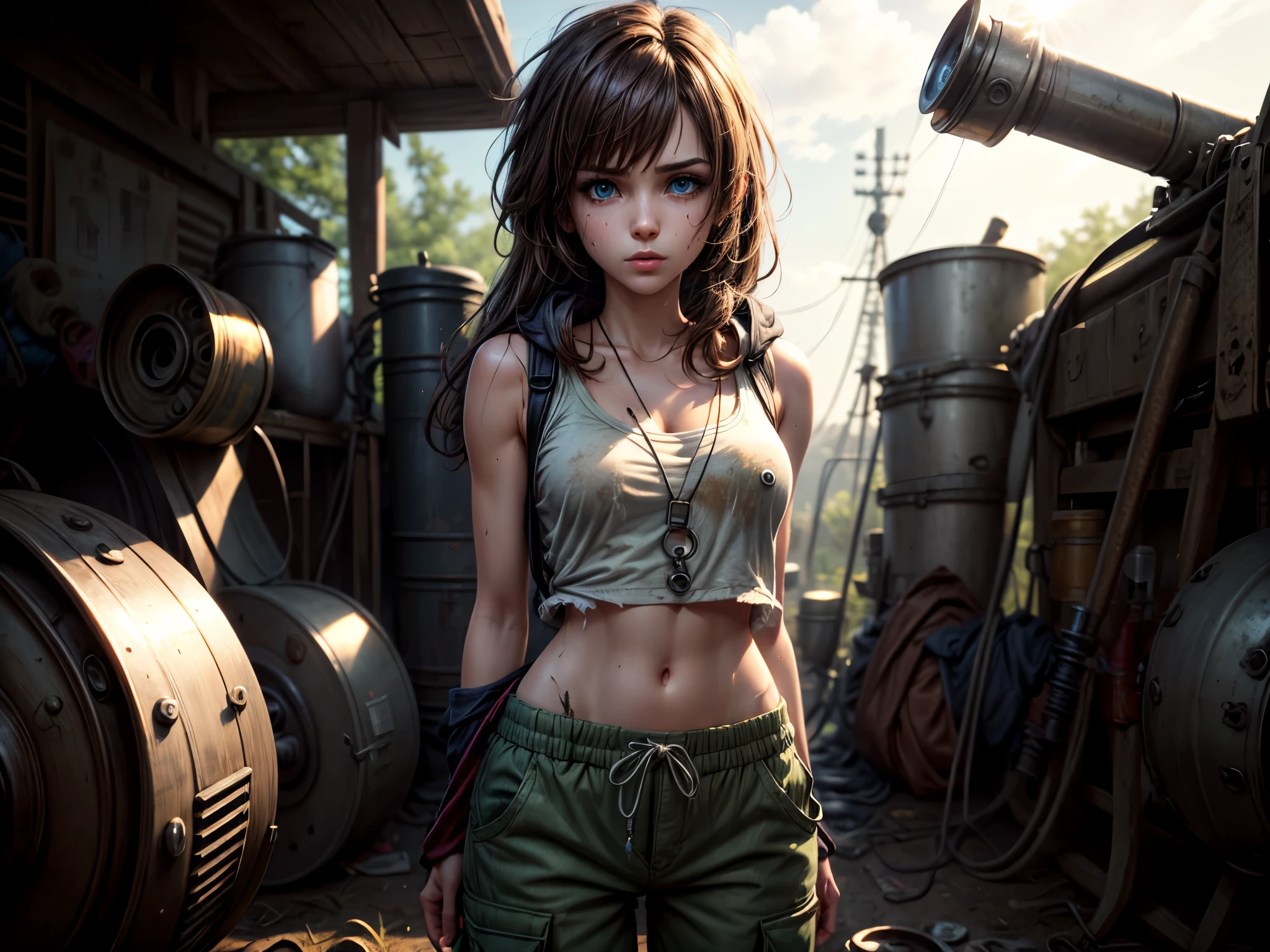masterpiece, highest quality, (solo focus), (perfect face:1.1), (high detail:1.1), 1girl, repairing machine, brown hair, ((long hair)), blue eyes, white tank top, ((baggy green pants)), jacket around waist, ((wrench)), holding wrench, crouching, crouching on tank, army tank, ((grease stains)), sweaty, glistening skin, detailed background, field of tall grass, sun, lens flare, cinematic lighting