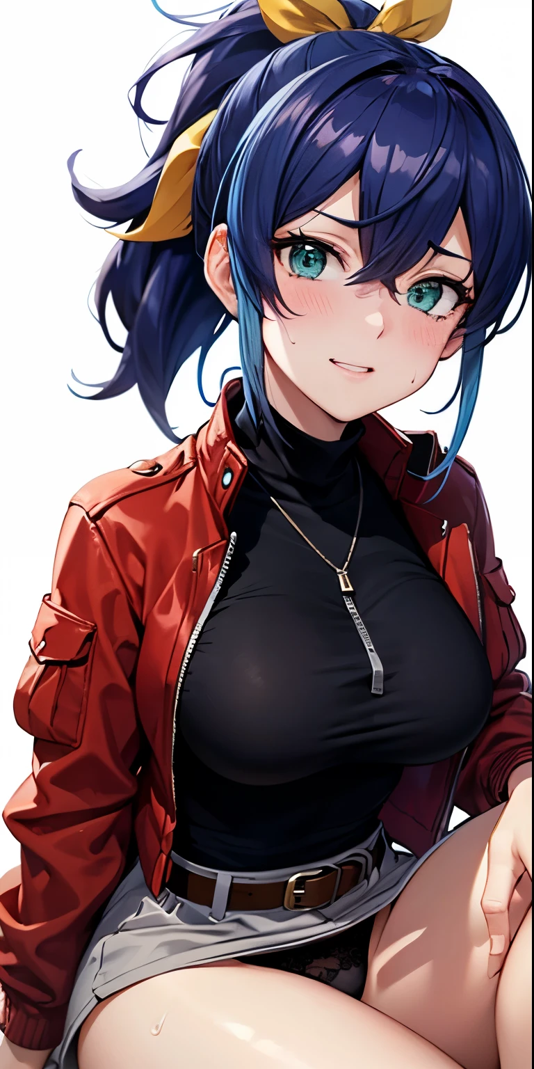 1 Female,High definition,high resolution,Ultra-realistic,8K, aaserena, yellow ponytail, ((multicolored hair)), red jacket, black shirt, belt, white skirt, tight skirt, miniskirt ,jewelry,European,sexy,Upper body close-up,Photographed from the front,Dynamic Angles,blush, medium tits, happy, wink the eye,facial, sweat,multicolored hair ,(wide thighs:1.4),(black panties),(show panties), sitting,arms over knees