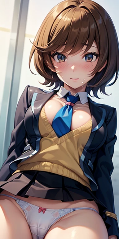 1 Female,High definition,high resolution,Ultra-realistic,8K, hmza, short hair, antenna hair, brown eyes, , blue necktie, (black jacket), yellow shirt,long sleeves,( black skirt),tight skirt , miniskirt,European,sexy,Upper body close-up,Photographed from the front,Dynamic Angles,blush, (big tits  ), happy, wink the eye,facial, sweat ,(wide thighs:1.4),(white panties),(show panties),(pubic hair),(cameltoe)