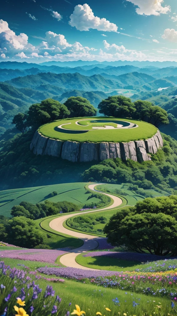 field of flowers、Sinuous road、big clouds、blue open sky、The forest、hillside、isolated、high definition detail、Hyperdetail、movie、Surrealism、luz outfit、deep field focus bokeh、ray tracing、Surrealism。 --v6