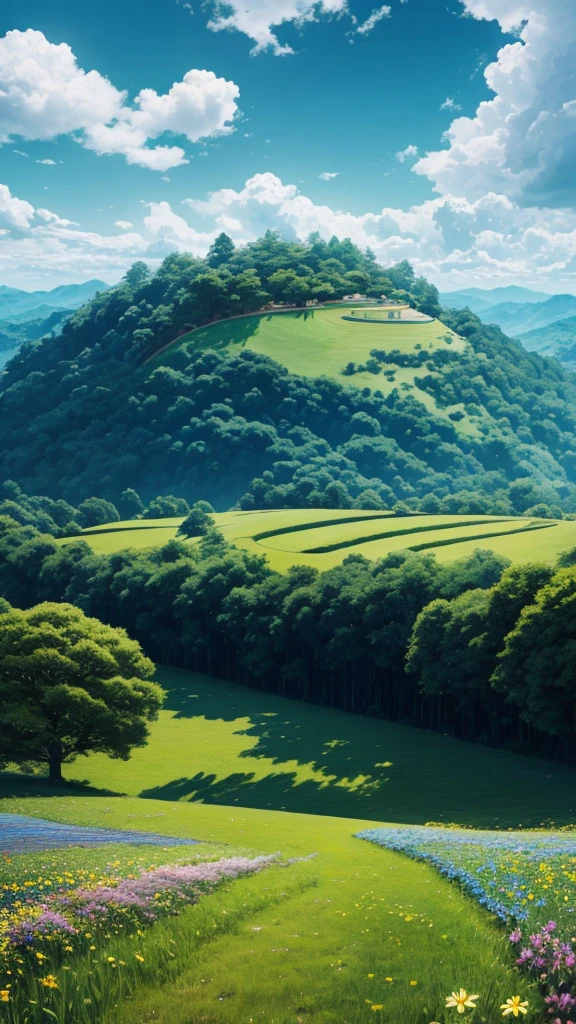 field of flowers、Sinuous road、big clouds、blue open sky、The forest、hillside、isolated、high definition detail、Hyperdetail、movie、Surrealism、luz outfit、deep field focus bokeh、ray tracing、Surrealism。 --v6