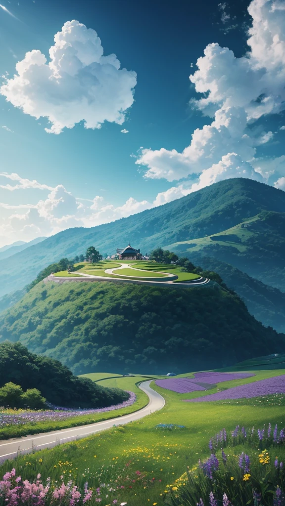 field of flowers、Sinuous road、big clouds、blue open sky、The forest、hillside、isolated、high definition detail、Hyperdetail、movie、Surrealism、luz outfit、deep field focus bokeh、ray tracing、Surrealism。 --v6