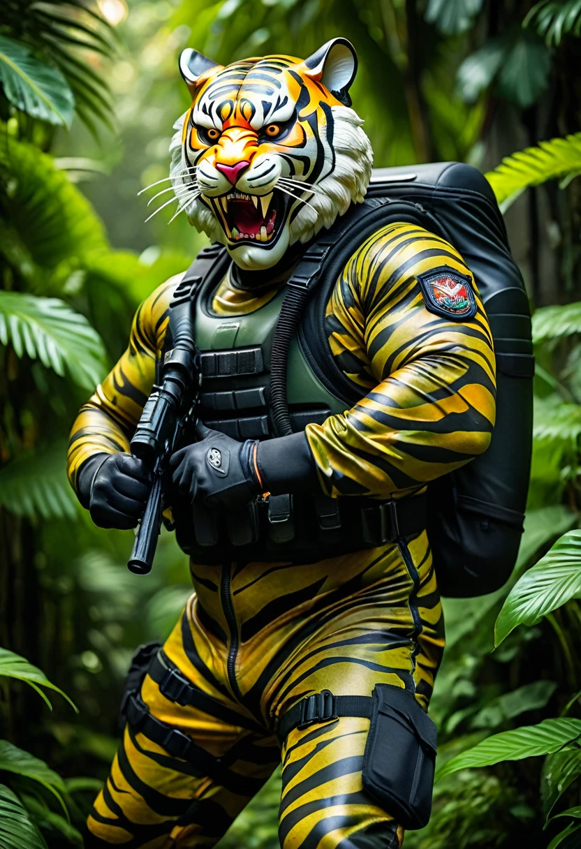 (a dark-skinned fat old man in a bulky army camouflage zipper diver suit), wearing a realistic roaring (tiger mask), thumbs up, carrying a gun holster, muscular physique, imposing stature, Basuki Abdullah style, sumatraism, action, (a character portrait), heroic, fierce, snarling, vibrant colors, deep shadows, intense lighting, dramatic atmosphere, jungle background with verdant greenery, visual depth, lucid detail, ultra-detailed, ultra-realistic, professional, best quality, angry.