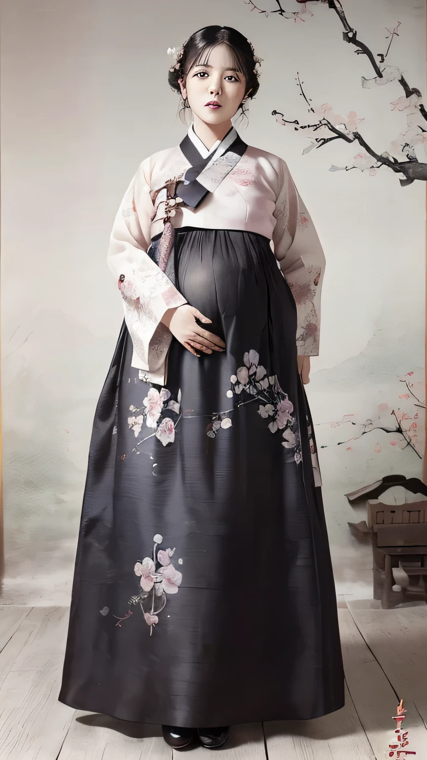 (best quality, 8K, masterpiece: 1.3), ((((((incredibly large breasts: 0.60))))), hairpin, (beautiful face:1.3), plum blossom ink painting background,authentic hanbok, 1920s photography studio, (It feels like a faded photograph: 1.4), Old photos, laugh, black and white photography, play the guitar, korea, pregnant, big belly bump.