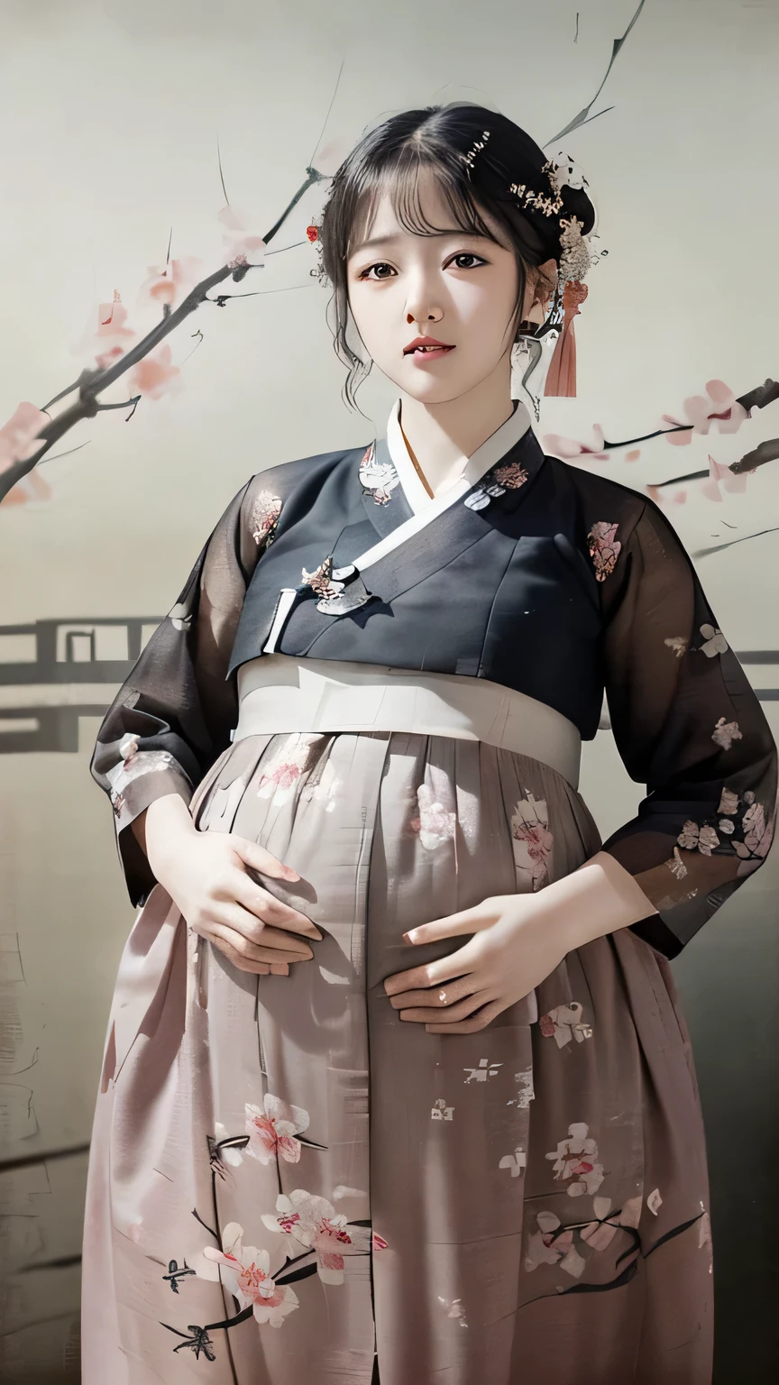 (best quality, 8K, masterpiece: 1.3), ((((((incredibly large breasts: 0.60))))), hairpin, (beautiful face:1.3), plum blossom ink painting background,authentic hanbok, 1920s photography studio, (It feels like a faded photograph: 1.4), Old photos, laugh, black and white photography, play the guitar, korea, pregnant, big belly bump.