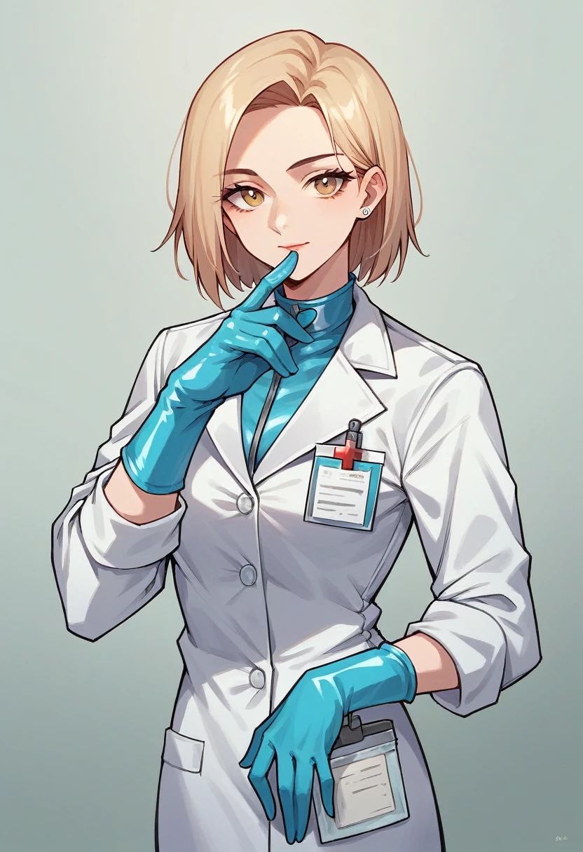 1girl, ((blue medical gloves)), ((surgical gloves)), ((latex gloves)), ((((long sleeves)))), ((white surgeon outfit)), looking at viewer, ((white doctor outfit)), standing, solo