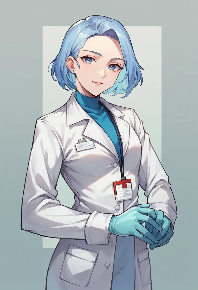 1girl, ((blue medical gloves)), ((surgical gloves)), ((latex gloves)), ((((long sleeves)))), ((white surgeon outfit)), looking at viewer, ((white doctor outfit)), standing, solo