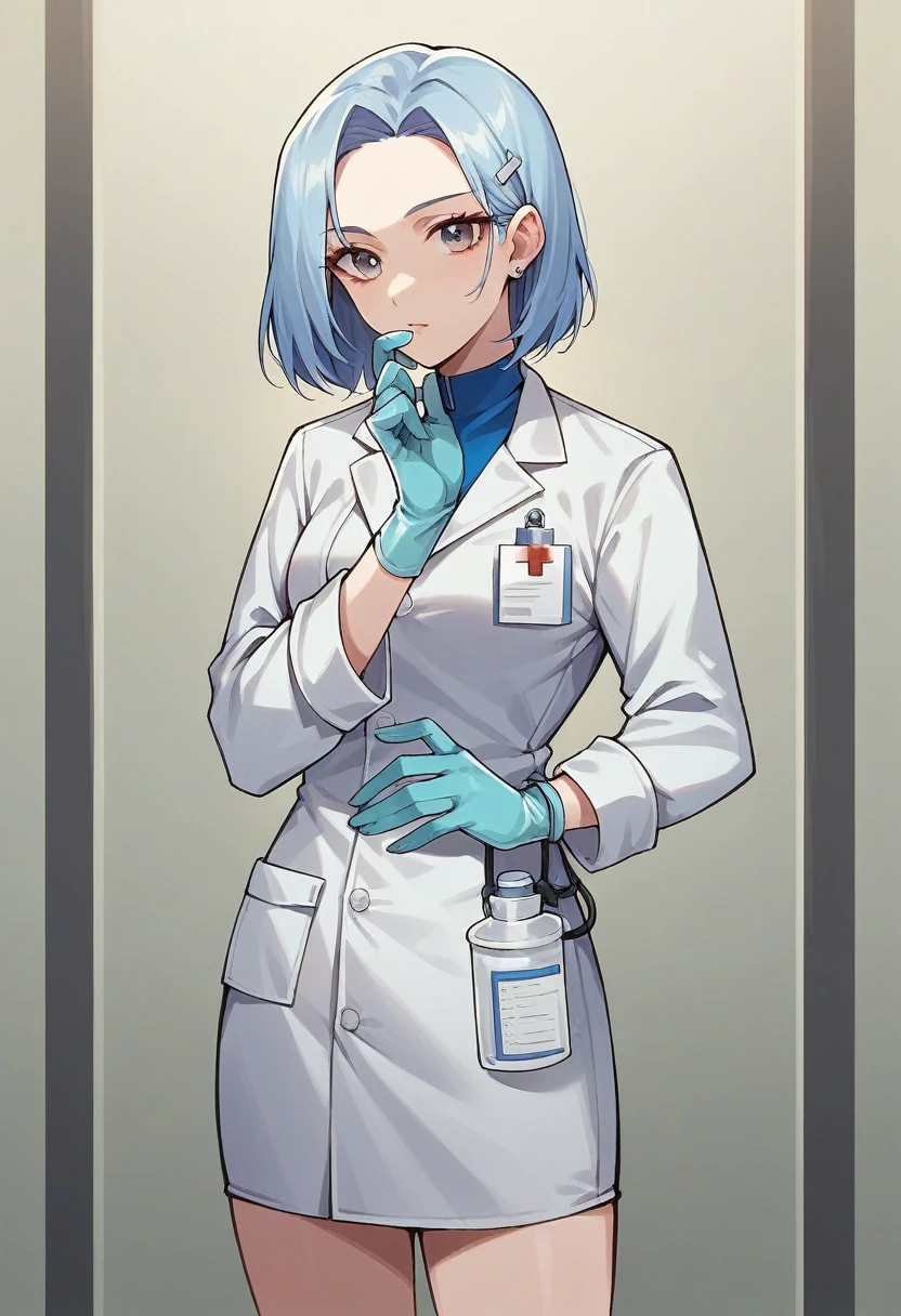 1girl, ((blue medical gloves)), ((surgical gloves)), ((latex gloves)), ((((long sleeves)))), ((white surgeon outfit)), looking at viewer, ((white doctor outfit)), standing, solo