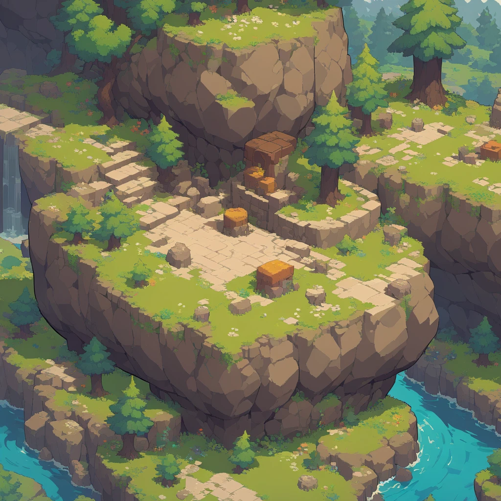 retro video game style,pixelated, vibrant pastel colors,8-bit characters,blocky shapes,sharp lines,detailed shading,classic gaming vibe,nostalgic atmosphere,classic arcade games,masterpiece:1.2,ultra-detailed,illustration style, 2d texture, stone texture, 4 k seamless mud texture, video game texture, dirt texture, tileset, game tiles, grass, 3/4th perspective trees, 3/4th perspective tileable rock texture, 3/4th perspective tileable cliff formations, tileable trees, topdown view, game texture, game art, tileable texture, very detailed cliff texture, intricate stones, top down view, 3/4th perspective