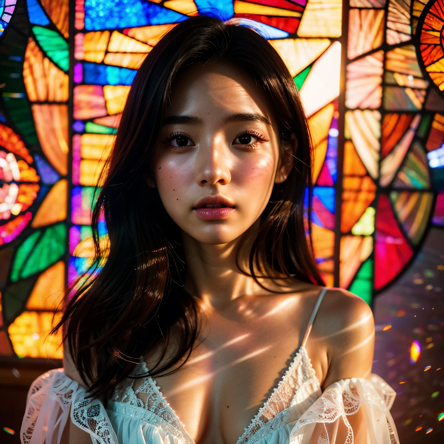 SFW, concept art, Tiny junior idol, (Detailed Delicate lace knitted white clothes), (nipple:-0.9), face closeup, (Elaborate stained glass Background:1.37), (((Renbutsu Misako), colorful Light shines through delicate stained glass:1.2, vivid red colors, Luminous Particles, light Particles))(Acutance:0.8). (ProfessionalPhoto:1.2),(ultra-detailed:1.37), (Extremely detailed KAWAII face variations, innocent expression variations), rosy cheeks, intricate detailed eyes with sparkling highlights, long eyelashes with volume, subtle blush on the face. Mystic sight, haze, Impeccable Radiant PearlSkin with Transparency, captivating gaze, ((Dynamic-angle)), whole Body proportions and all limbs are anatomically accurate . (Exposed:0.44)