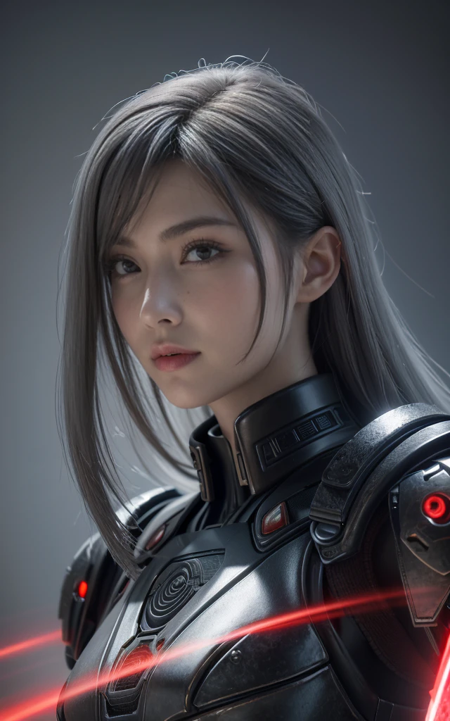 masterpiece,Game Art,Best picture quality,Maximum resolution,8K,(portrait),Unreal Engine 5 rendering works,(Digital Photography),((portrait Feature:1.5)),
20 year old girl,Short hair details,Long bangs,(The red eye makeup is carefully applied),(With long gray hair:1.4),(Large target, Full breasts),Elegance and nobility,Brave and charming,
(The future armor combines the characteristics of Chinese armor,hollow-carved design,Power Armor,Mysterious oriental runes,Exquisite clothing patterns,Magic Flash),Future Warrior,Cyberpunk Characters,War Background,
light，Ray Tracing，Game CG，((3D Unreal Engine))，OC rendering reflection mode