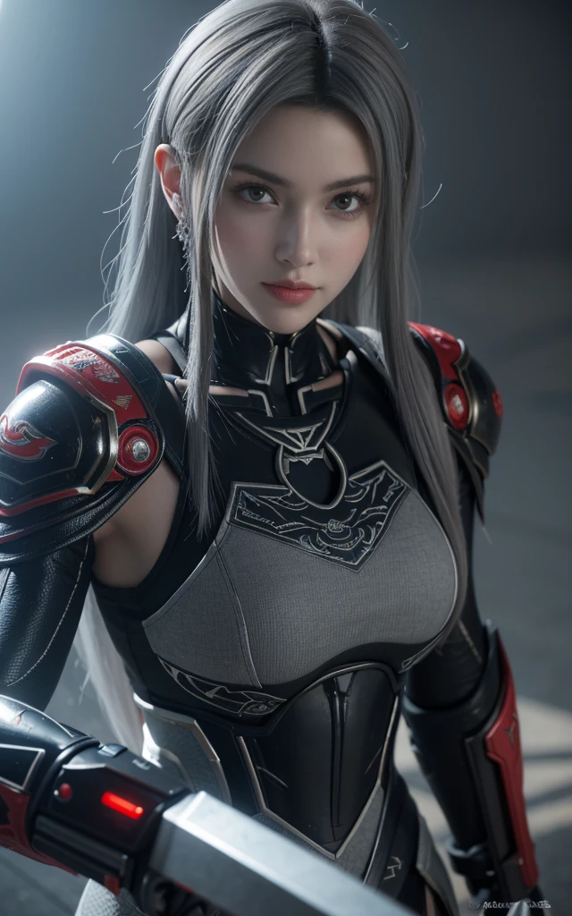masterpiece,Game Art,Best picture quality,Maximum resolution,8K,(portrait),Unreal Engine 5 rendering works,(Digital Photography),((portrait Feature:1.5)),
20 year old girl,Short hair details,Long bangs,(The red eye makeup is carefully applied),(With long gray hair:1.4),(Large target, Full breasts),Elegance and nobility,Brave and charming,
(The future armor combines the characteristics of Chinese armor,hollow-carved design,Power Armor,Mysterious oriental runes,Exquisite clothing patterns,Magic Flash),Future Warrior,Cyberpunk Characters,War Background,
light,Ray Tracing,Game CG,((3D Unreal Engine)),OC rendering reflection mode